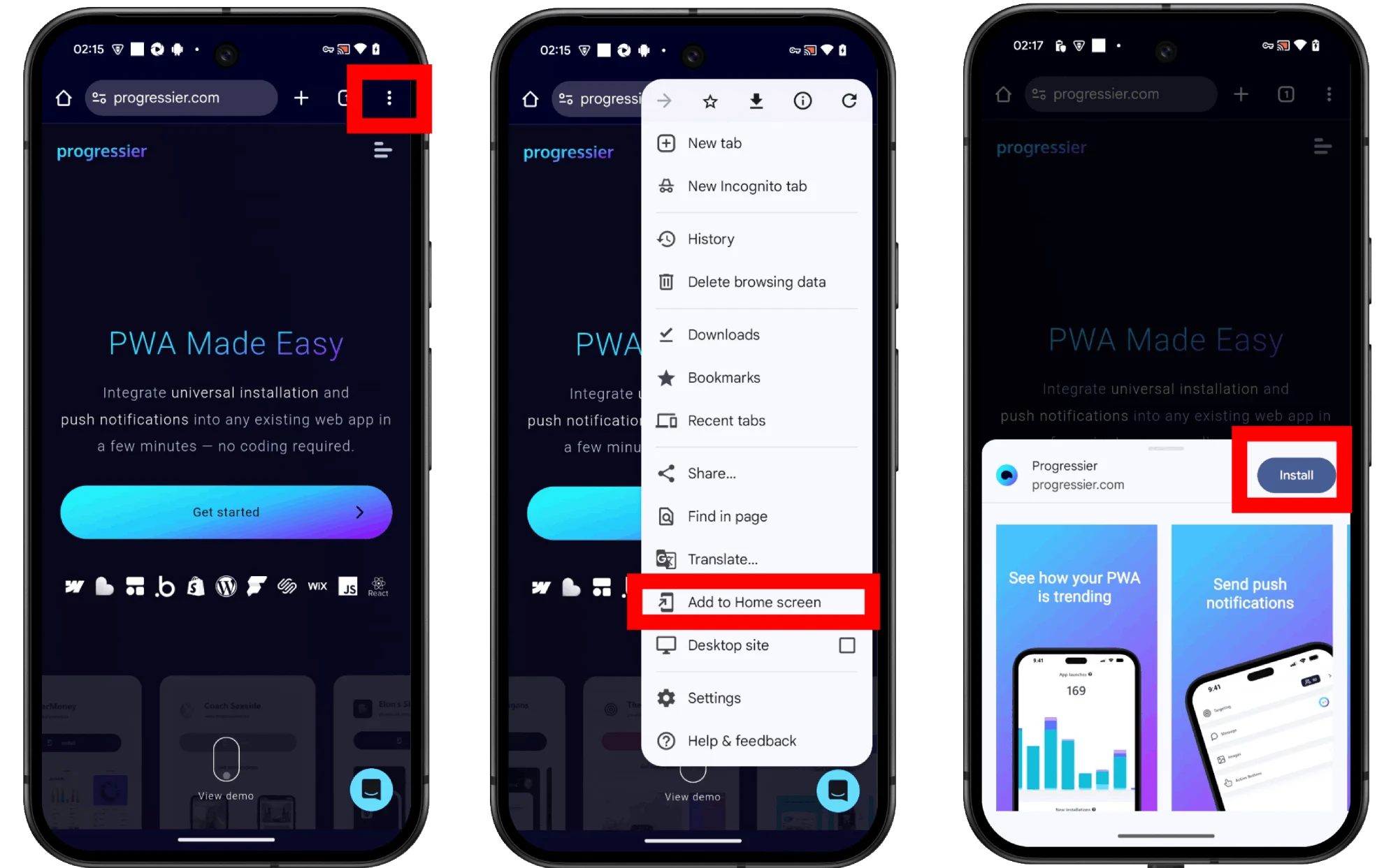 Process of adding a website to home screen on Android