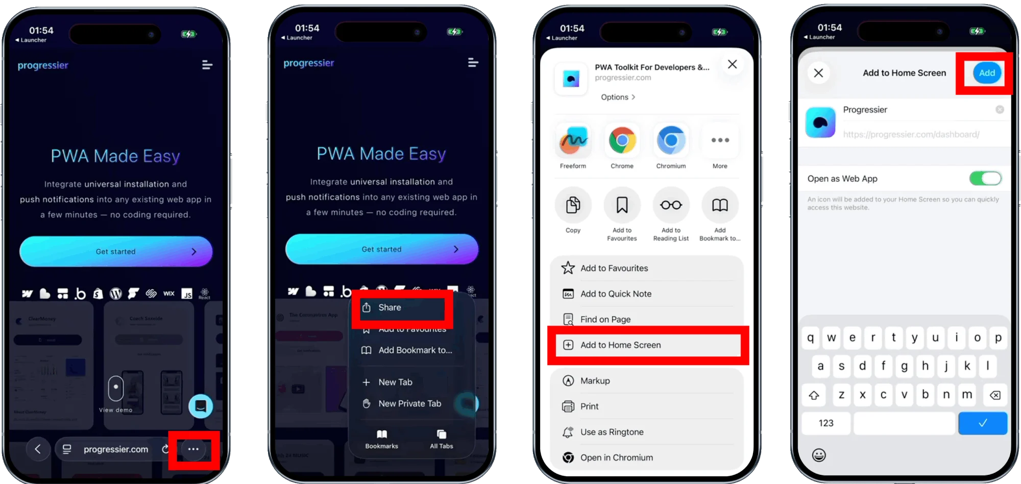 Process of adding a website to home screen on iOS