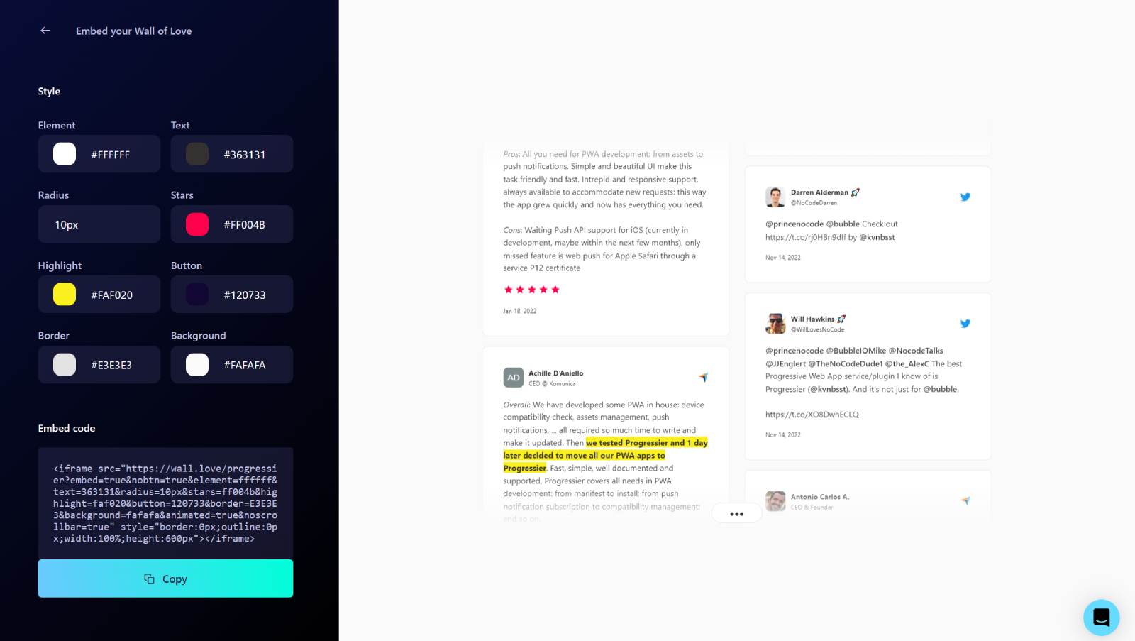 Illustration screenshot for Embed testimonials without code